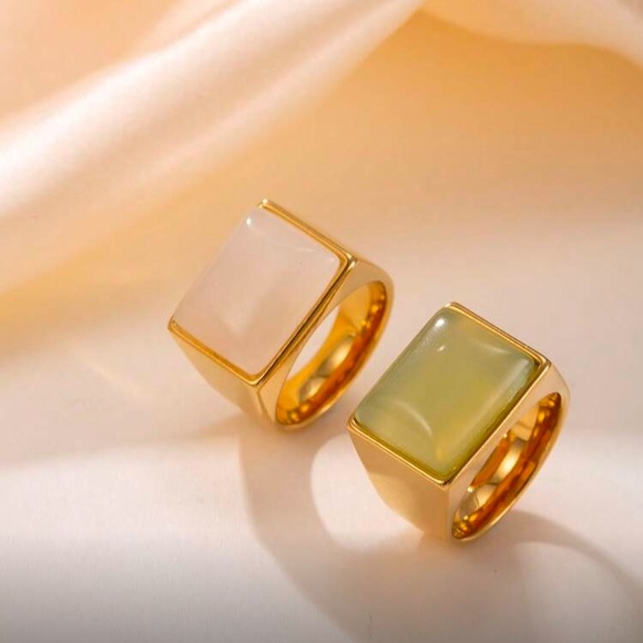Gold Rectangle Stone Ring - Olive and Cream Options 2pcs Stainless Steel - Picture 2 of 3
